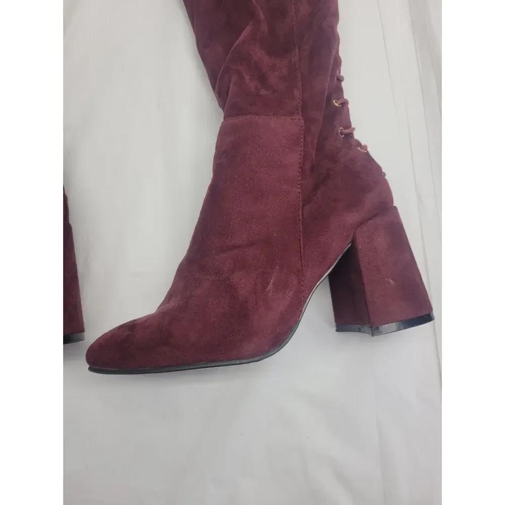 Indulge Size 7 Suede High Heel Over The Knee Boots Lace Up Zip Burgundy Maroon
